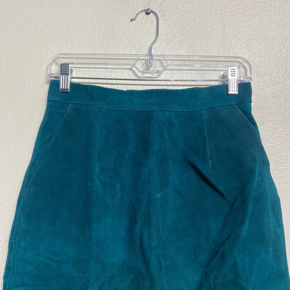 Fashion House Teal Suede Leather High Waist Mini Skirt Vintage Sz 10 - Picture 3 of 12